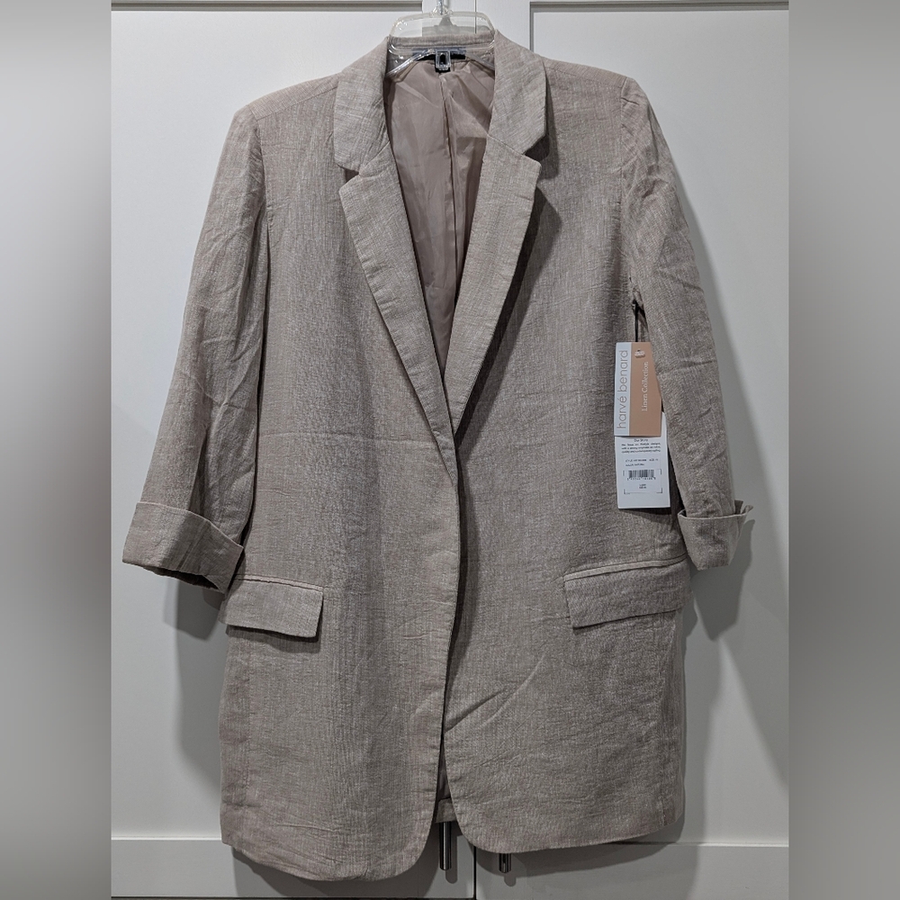 New Harvè Benard Beige Blazer 7/8 Sleeves Front Pockets Size 10